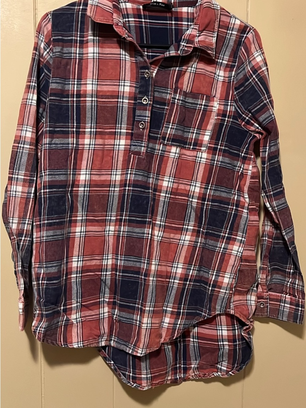 Doe & Rae Red and Navy Plaid Henley Shirt